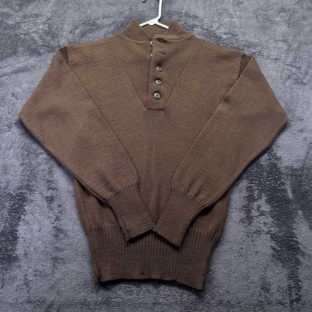 Vintage US Military Henley Wool OD Sweater Size Large 5 Button Pullover Brown